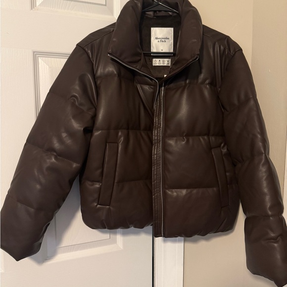 Abercrombie Women's Brown Leather Puffer Jacket - Picture 2 of 6